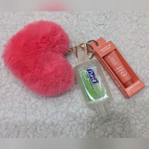 Pink Fluffy Heart Key Chain with Lip Balm And Hand Sanitizer
